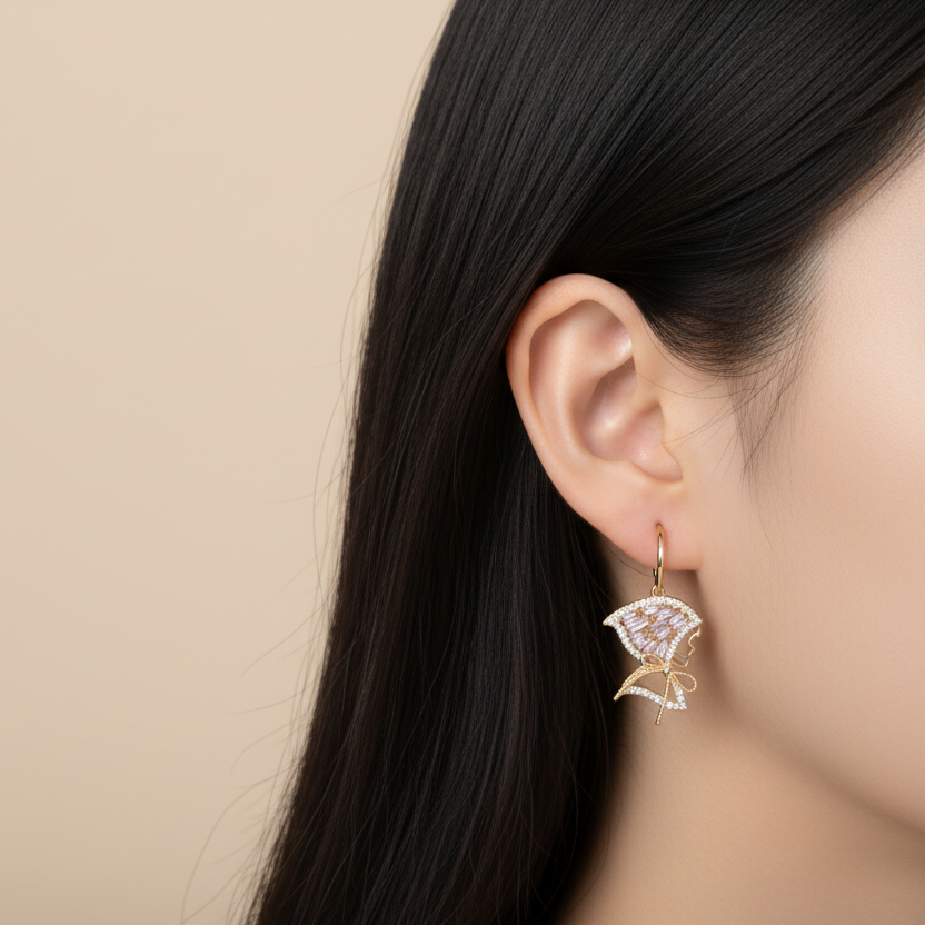 Ballerina Profile Bow Earrings - 1cm Small with Hooks - Korean Model