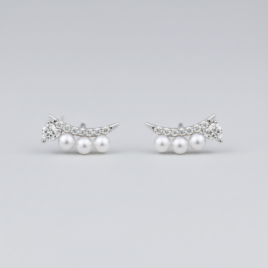 Curved Pavé Bar Pearl Earrings - Small Frame