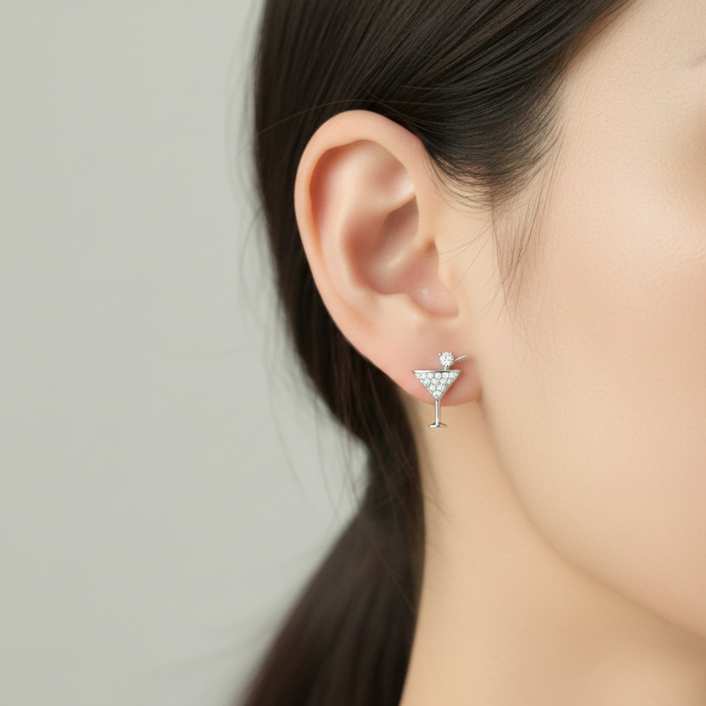 Martini Glass Studs – Model Ear Shot