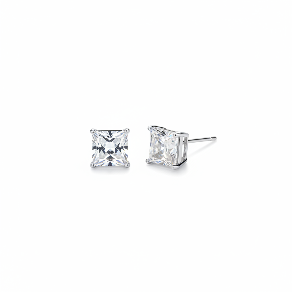 Princess Cut Crystal Solitaire Stud Earrings - Clean Isolated