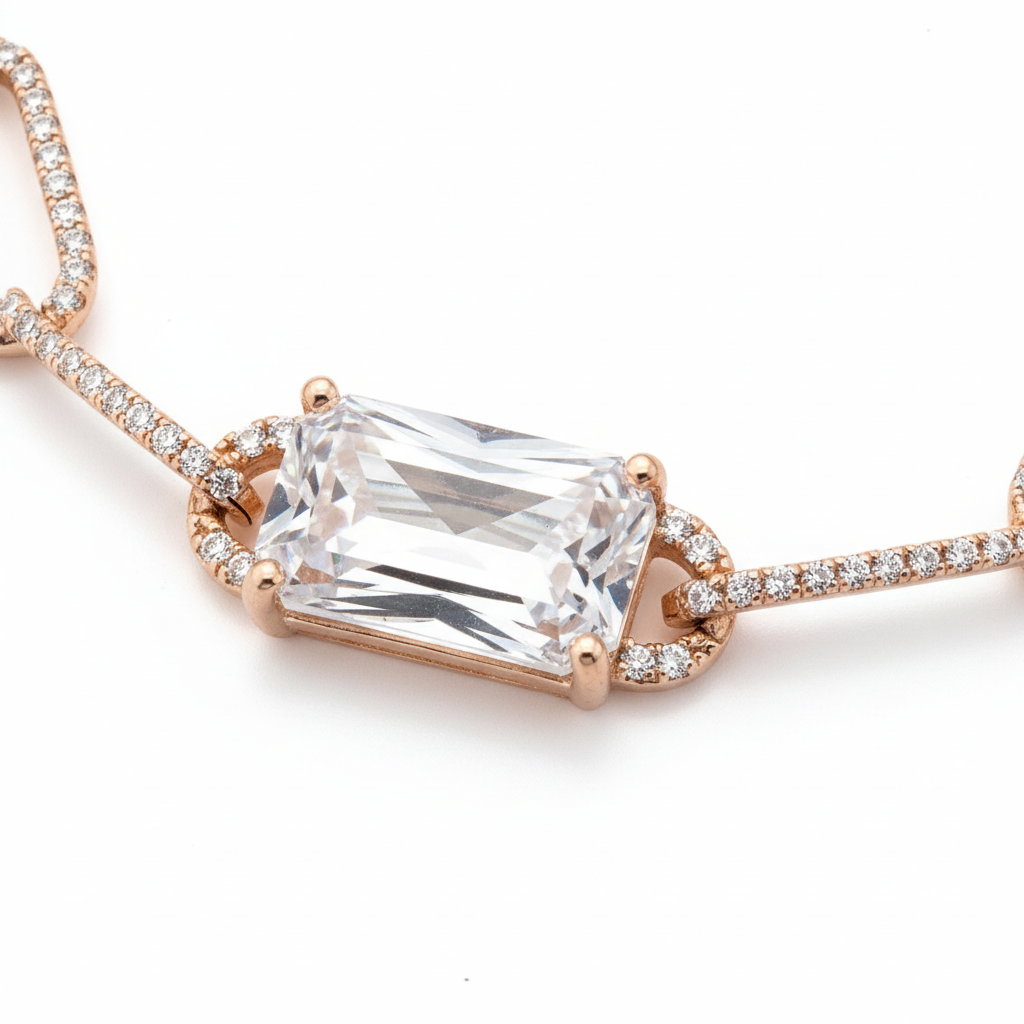 Rose Gold Pavé Oval Link Solitaire Bracelet - Close Up