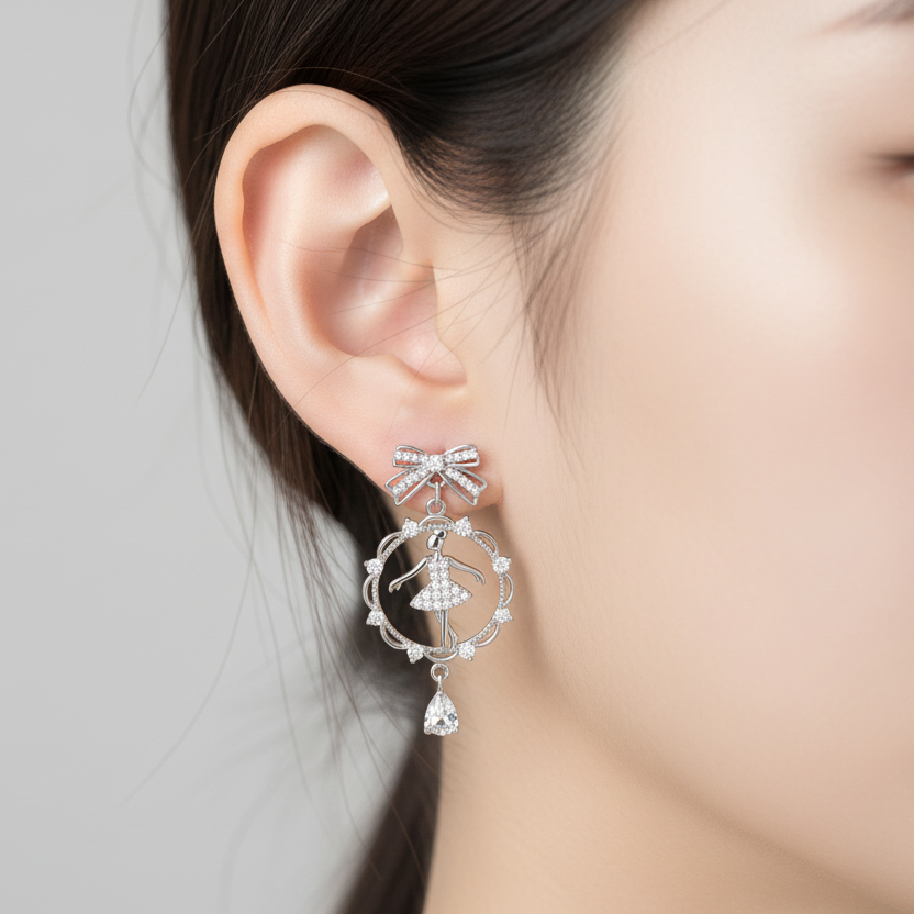 Ballerina Bow Drop Earrings - Small 1cm - On Korean Model