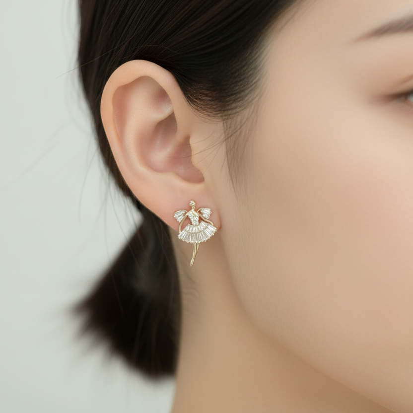 Ballerina Dancer Earrings - On Asian Model (Extra Small)