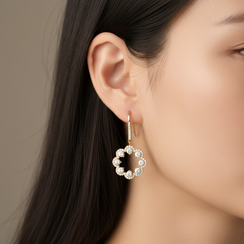 Circular Pavé Drop Earrings - On Asian Model