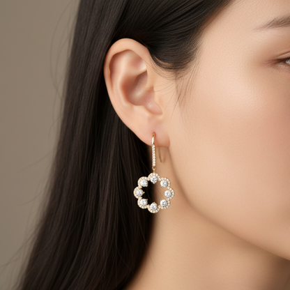 Circular Pavé Drop Earrings - On Asian Model