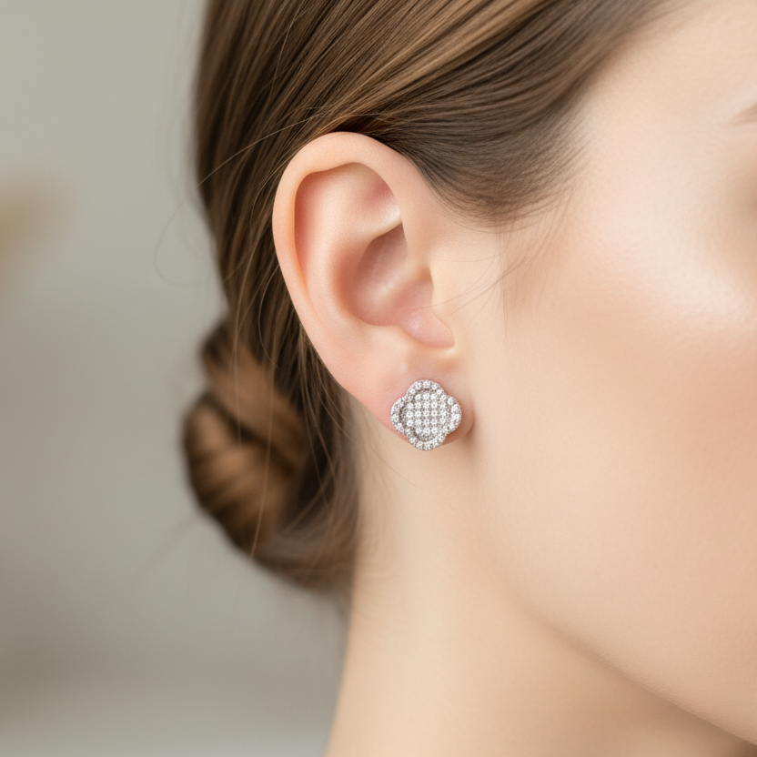 Clover Pavé Earrings - On Model