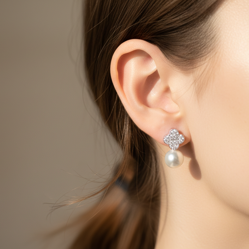 Clover Pearl Drop Earrings - On Model