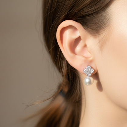 Clover Pearl Drop Earrings - On Model