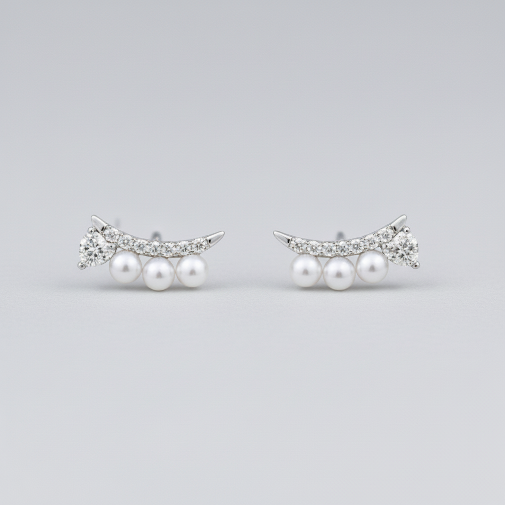 Curved Pavé Bar Pearl Earrings - Small Frame