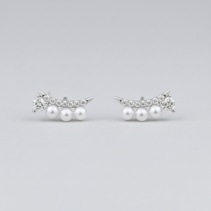 Curved Pavé Bar Pearl Earrings - Small Frame
