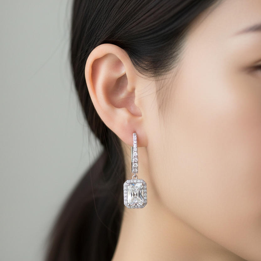 Emerald-Cut Crystal Drop Earrings - On Asian Model