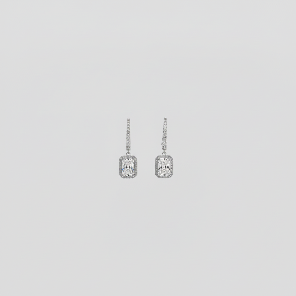 Emerald Cut Halo Drop Earrings — Tiny Far View