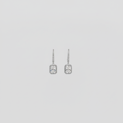 Emerald Cut Halo Drop Earrings — Tiny Far View