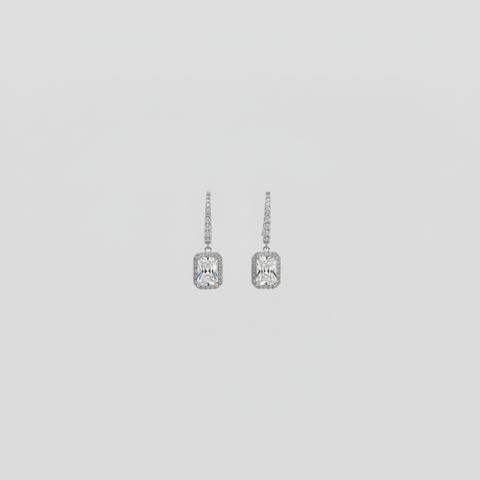Emerald Cut Halo Drop Earrings — Tiny Far View