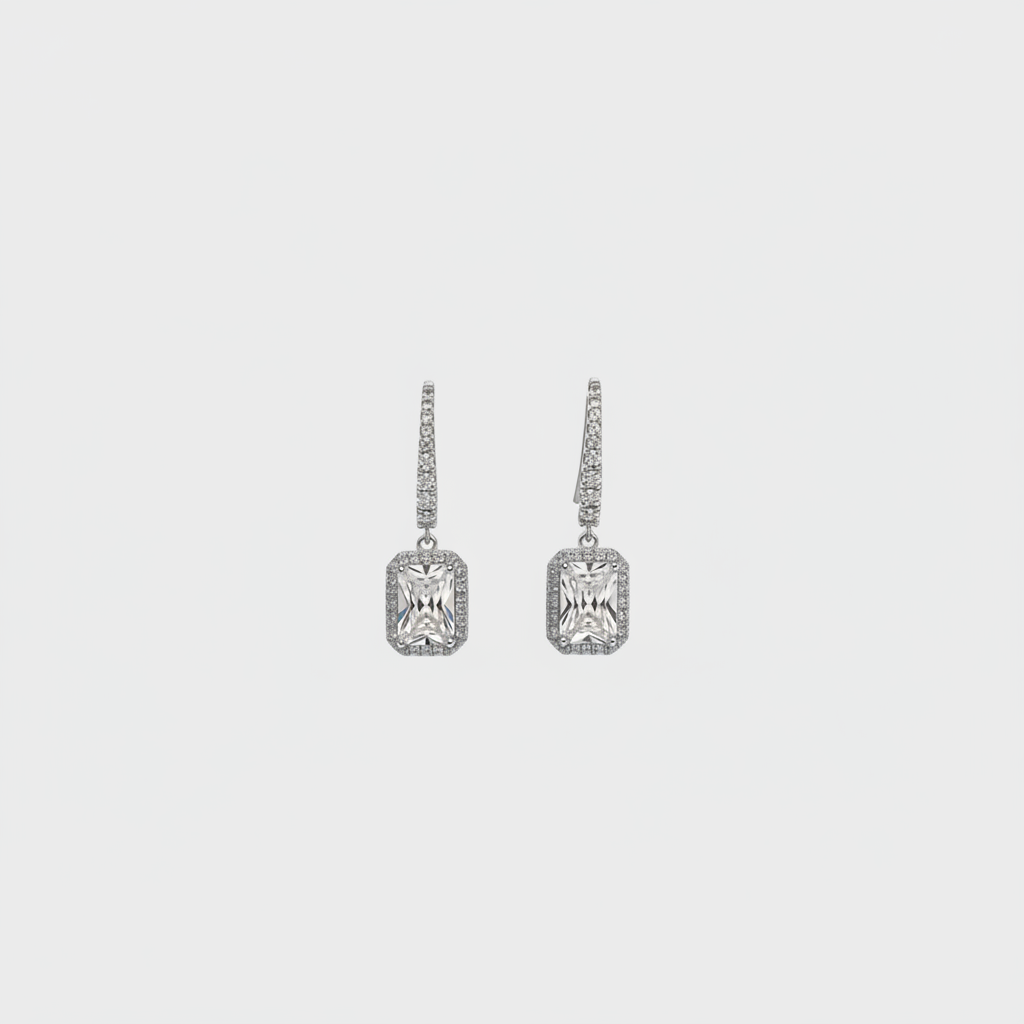 Emerald Cut Halo Drop Earrings — Tiny Far View
