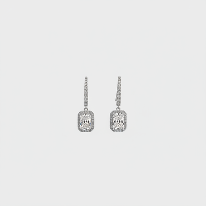 Emerald Cut Halo Drop Earrings — Tiny Far View