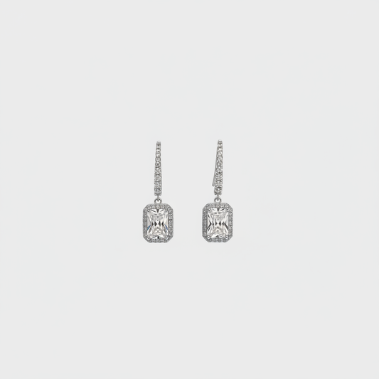 Emerald Cut Halo Drop Earrings — Tiny Far View
