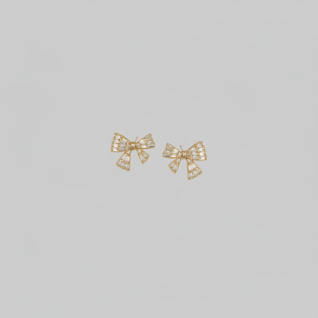Gold Baguette Bow Studs — Tiny Far View