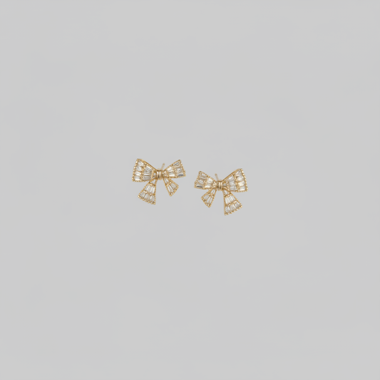 Gold Baguette Bow Studs — Tiny Far View