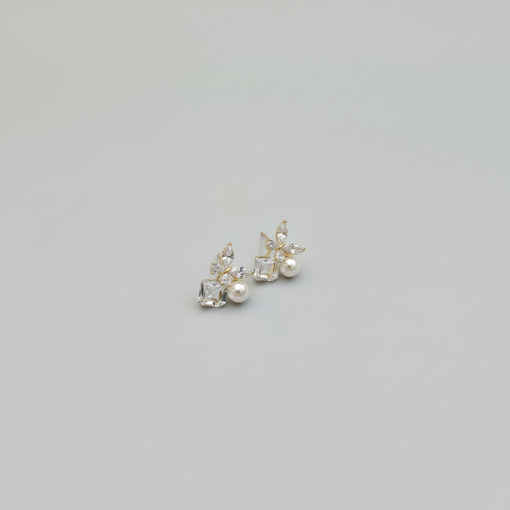 Gold Butterfly Crystal Pearl Drop Earrings — Tiny Far View