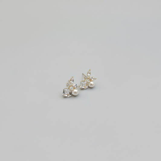 Gold Butterfly Crystal Pearl Drop Earrings — Tiny Far View