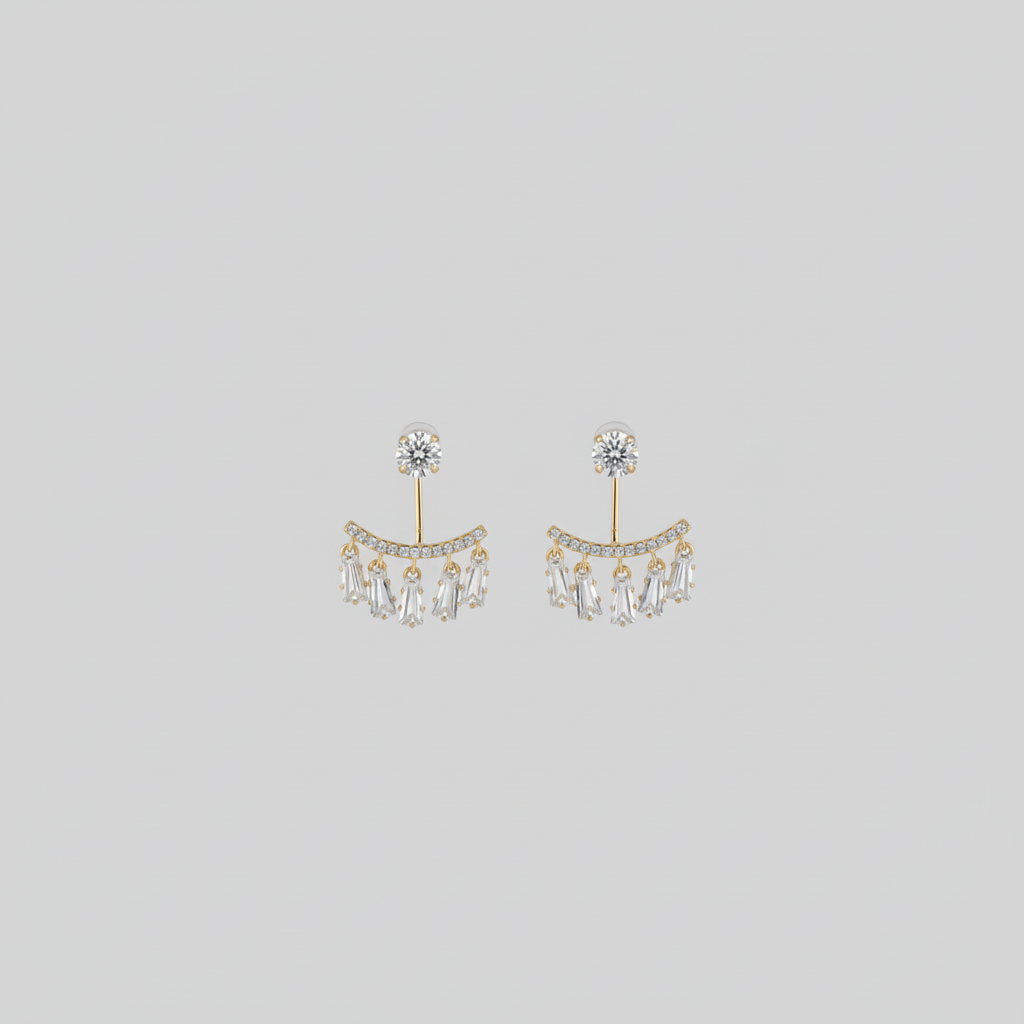 Gold Ear Jacket Baguette Earrings — Tiny Far View