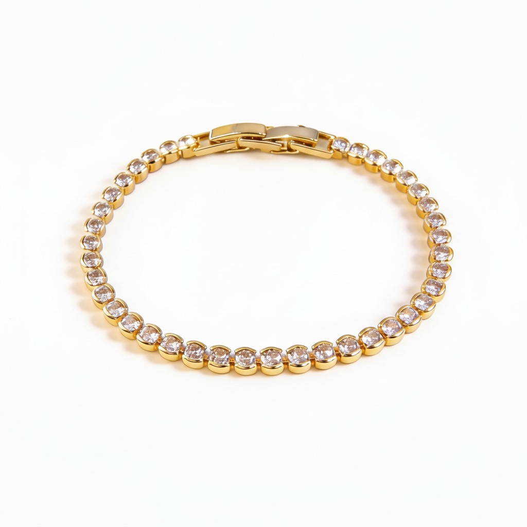 Gold Round Bezel Tennis Bracelet — Medium Far View