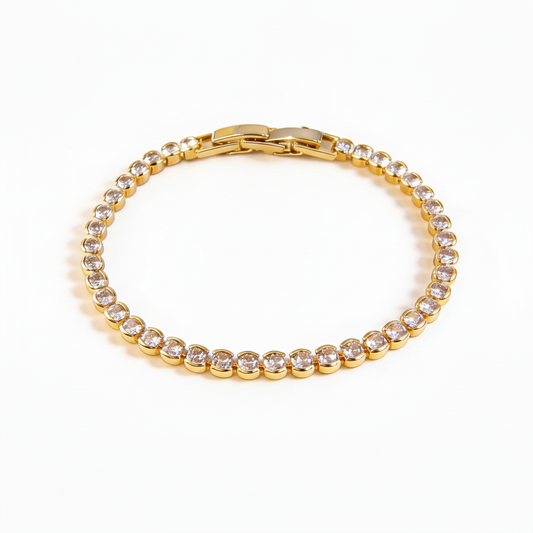 Gold Round Bezel Tennis Bracelet — Medium Far View