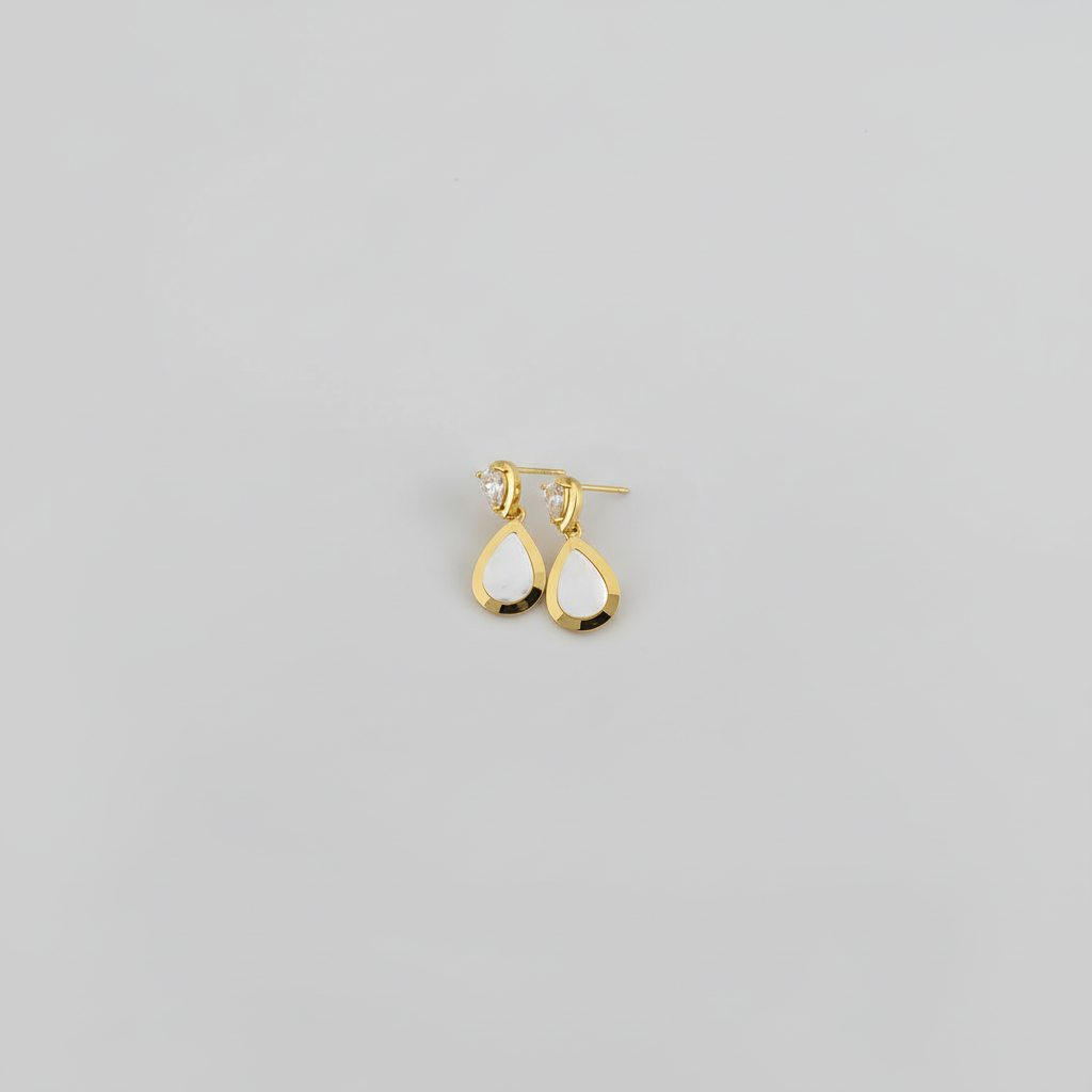 Gold Teardrop Mother of Pearl Drop Earrings — Tiny Far View