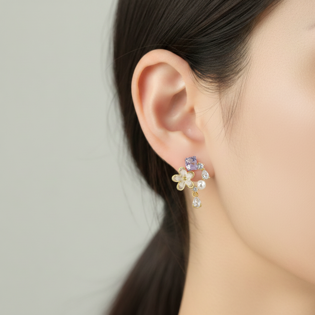 Cat Eye Spring Floral with Pearl – Model Ear Shot