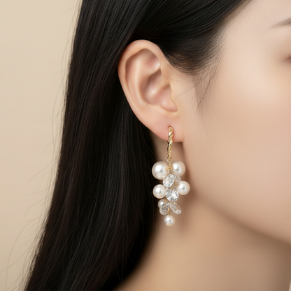 Pearl Crystal Cluster Earrings - Short Circle Hoops on Model