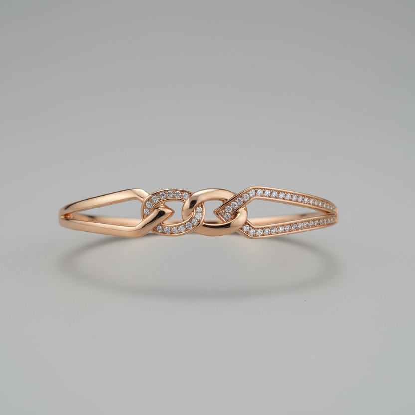 Rose Gold Geometric Link Bangle - Plain Left Pavé Right