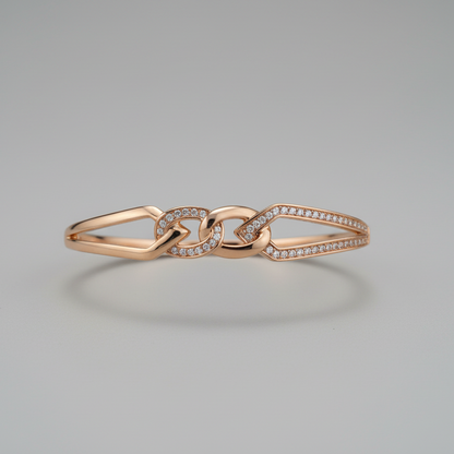 Rose Gold Geometric Link Bangle - Plain Left Pavé Right