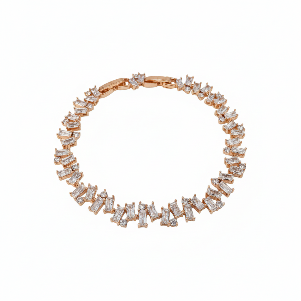 Rose Gold Scattered Baguette & Round Crystal Bracelet - 3/4 Angle