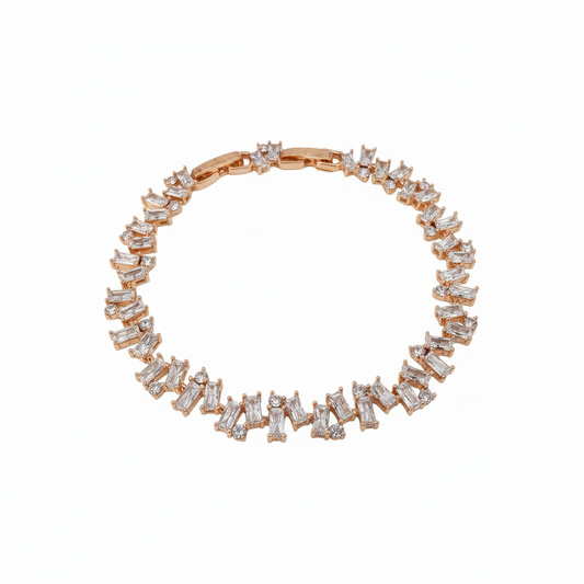 Rose Gold Scattered Baguette & Round Crystal Bracelet - 3/4 Angle