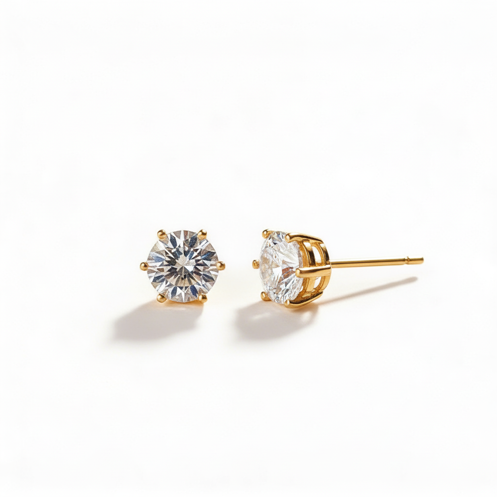 Round Brilliant Gold Solitaire Studs - Front & Side