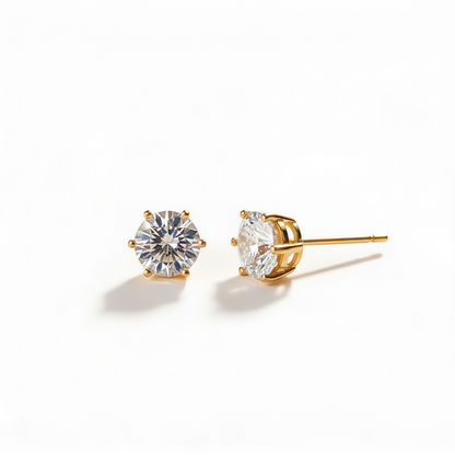 Round Brilliant Gold Solitaire Studs - Front & Side