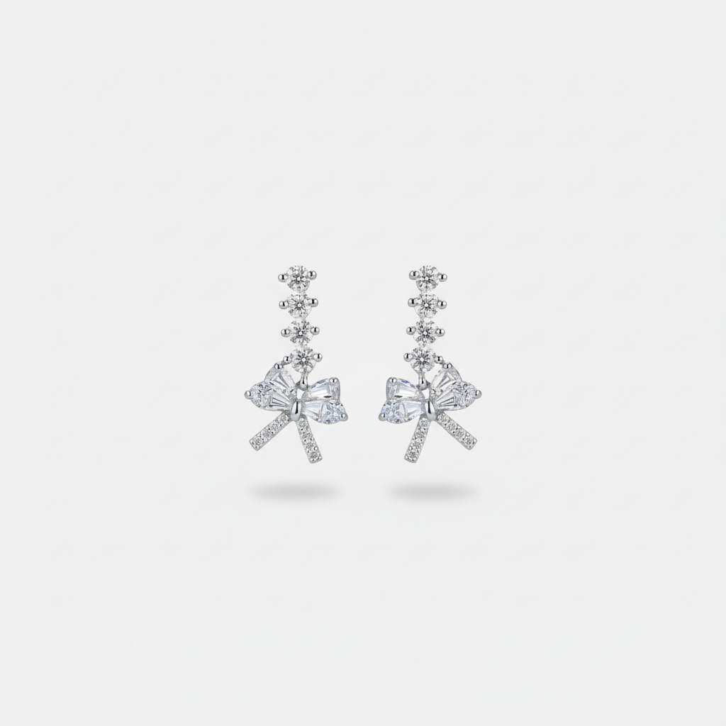 Silver Crystal Bow Drop Earrings — Tiny Far View