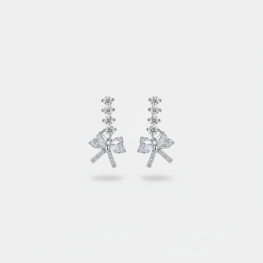 Silver Crystal Bow Drop Earrings — Tiny Far View