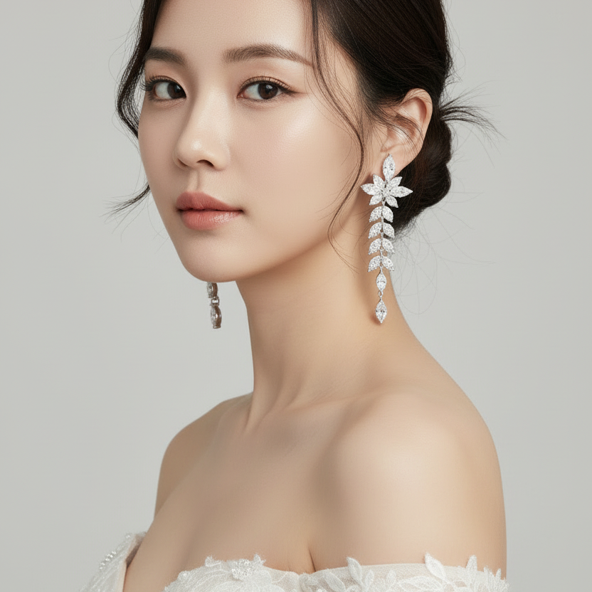 Silver Crystal Leaf Drop Earrings - Reference Length