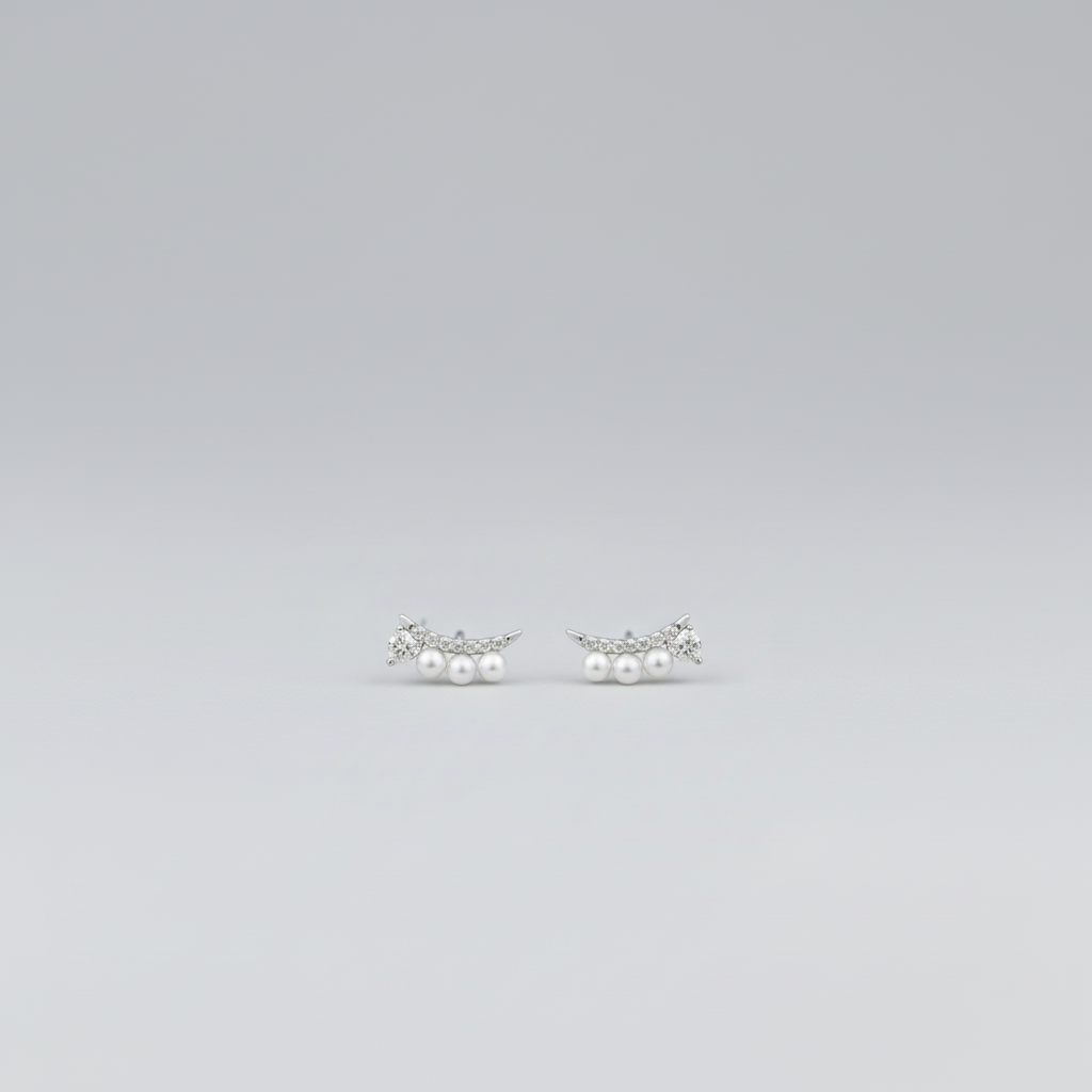 Silver Curved Pavé Bar Pearl Earrings — Tiny Tiny Far Far View