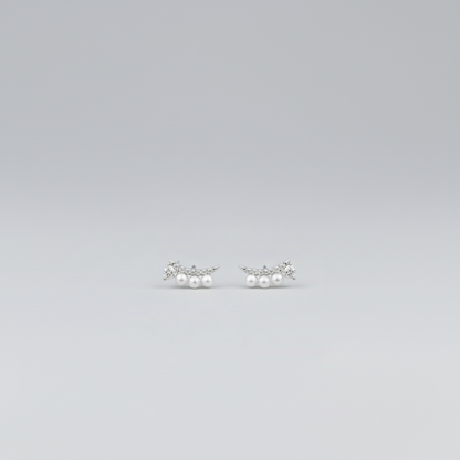 Silver Curved Pavé Bar Pearl Earrings — Tiny Tiny Far Far View