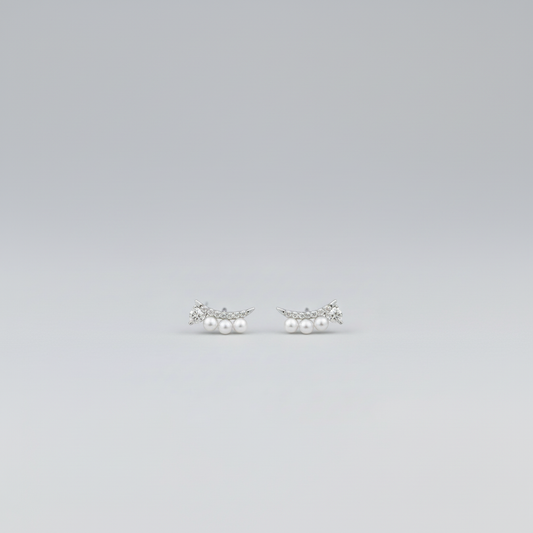 Silver Curved Pavé Bar Pearl Earrings — Tiny Tiny Far Far View