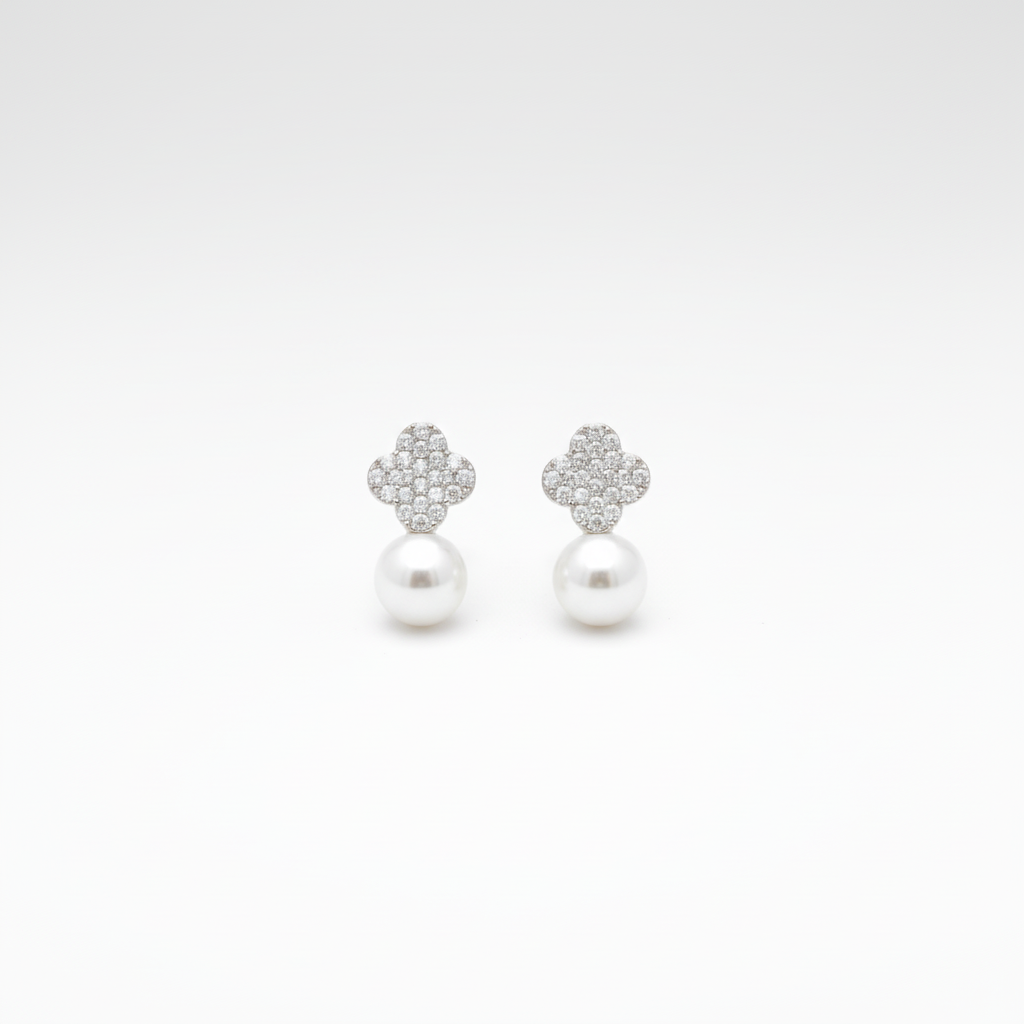 Silver Pavé Clover Pearl Drop Earrings — Tiny Far View