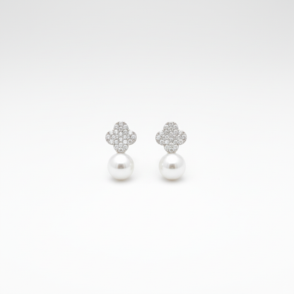 Silver Pavé Clover Pearl Drop Earrings — Tiny Far View