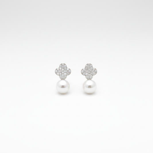 Silver Pavé Clover Pearl Drop Earrings — Tiny Far View