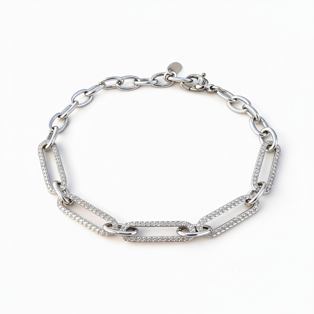 Silver Pavé Paperclip Chain Bracelet — Full View Medium Scale