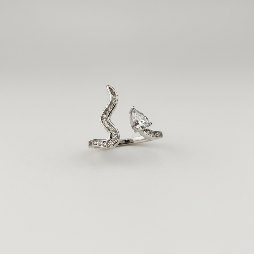 Silver Pavé S-Wave & Pear Crystal Open Ring — Clean Product Shot