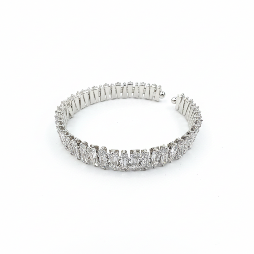Silver Rhodium Alternating Triangle Crystal Cuff Bangle