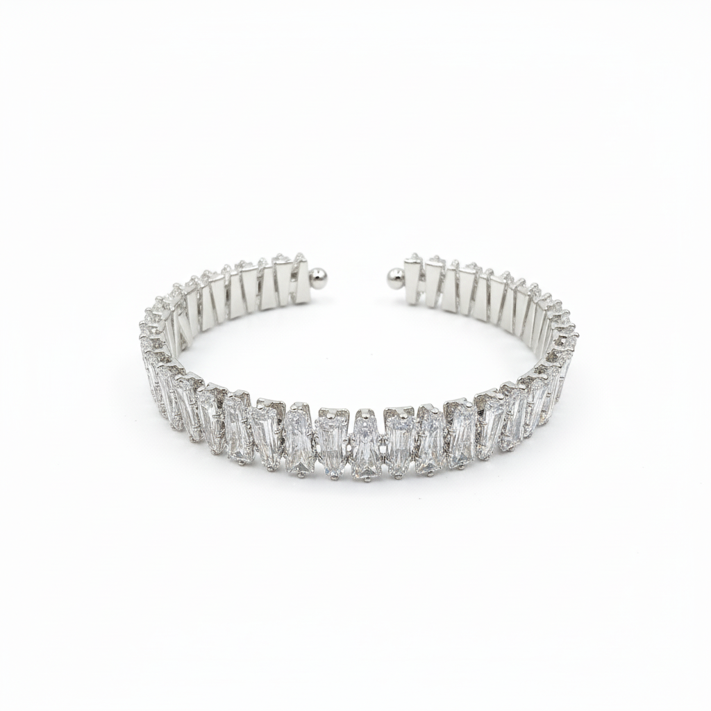 Silver Rhodium Triangle Crystal Cuff Bangle - Side Detail View
